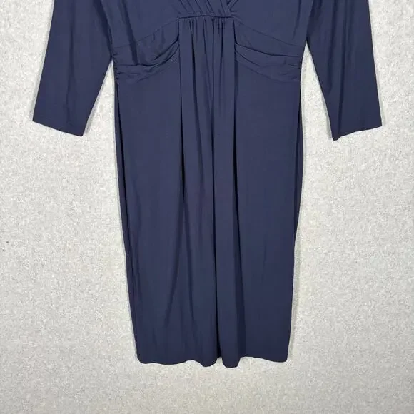 Talbots Dress Small Midi Navy Wrap Twist Ruched Modest Stretch Career Church